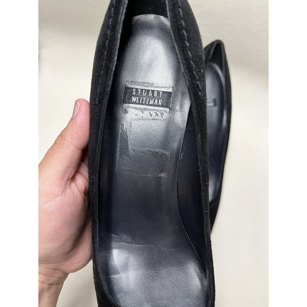 Vintage Y2K Stuart Weitzman Suede Point Toe Pumps Black Faux Wooden Heel Size 8 - Picture 9 of 9